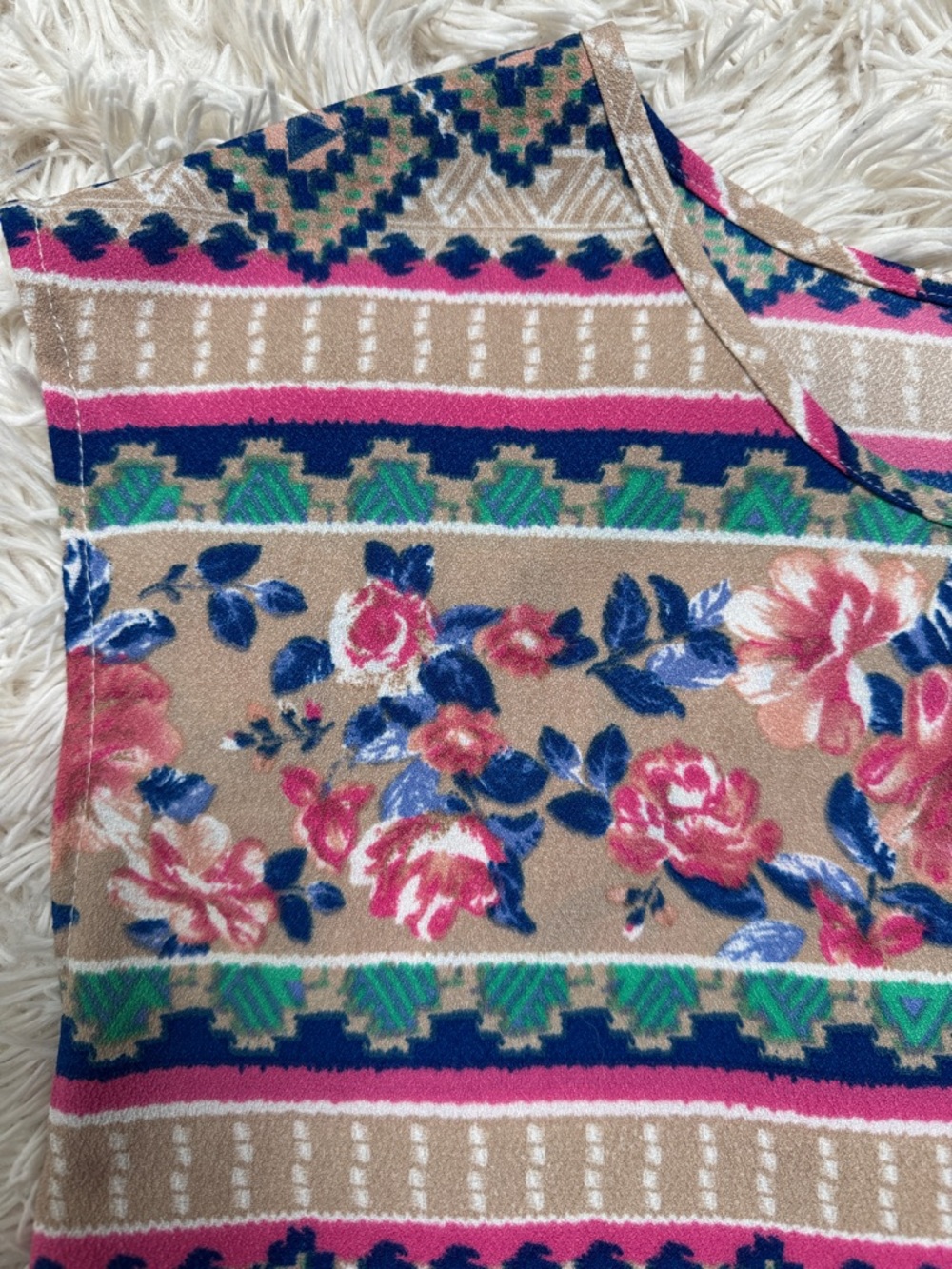 Under Skies Floral & Geometric Midi Shift Dress 💗 Beige Pink Blue & Green - Picture 8 of 16